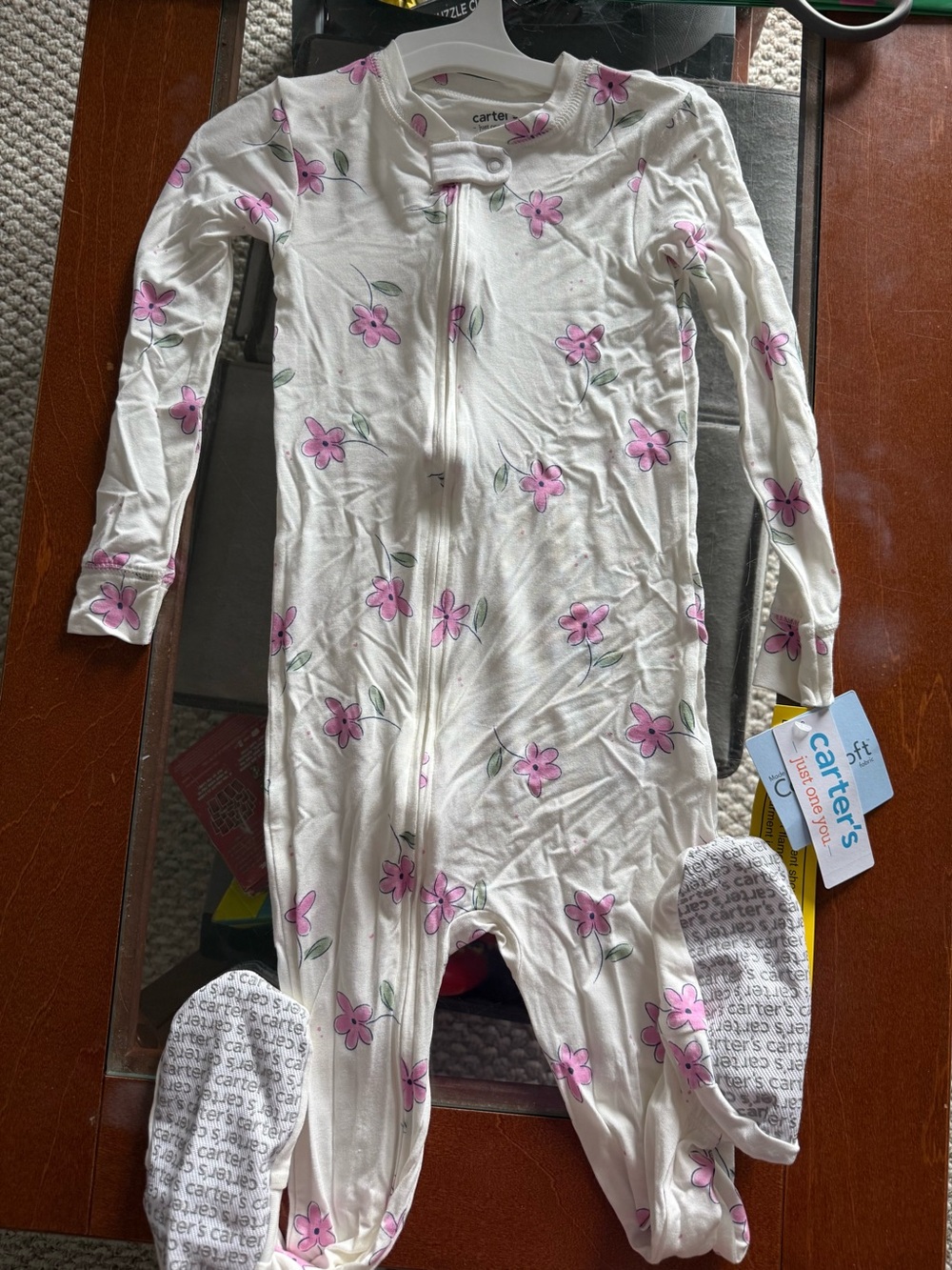 Carter's Cream Footed One-Piece with Pink Flower Print